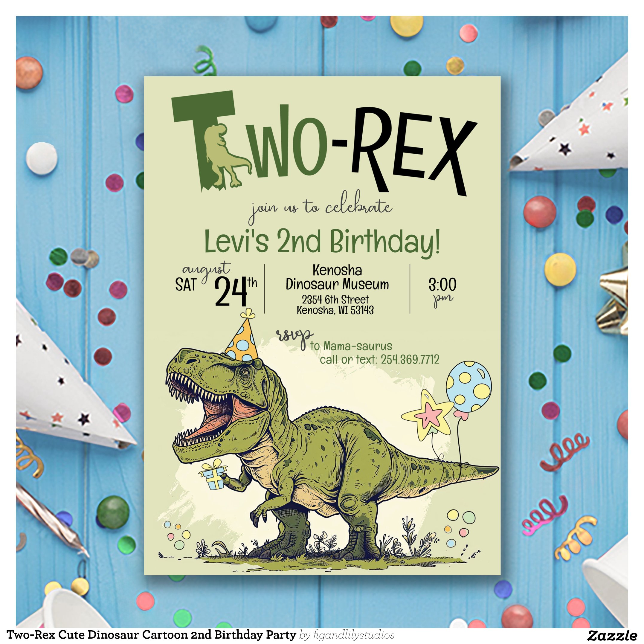 Two-Rex Cute Dinosaur Cartoon 2nd Birthday Party Invitation
