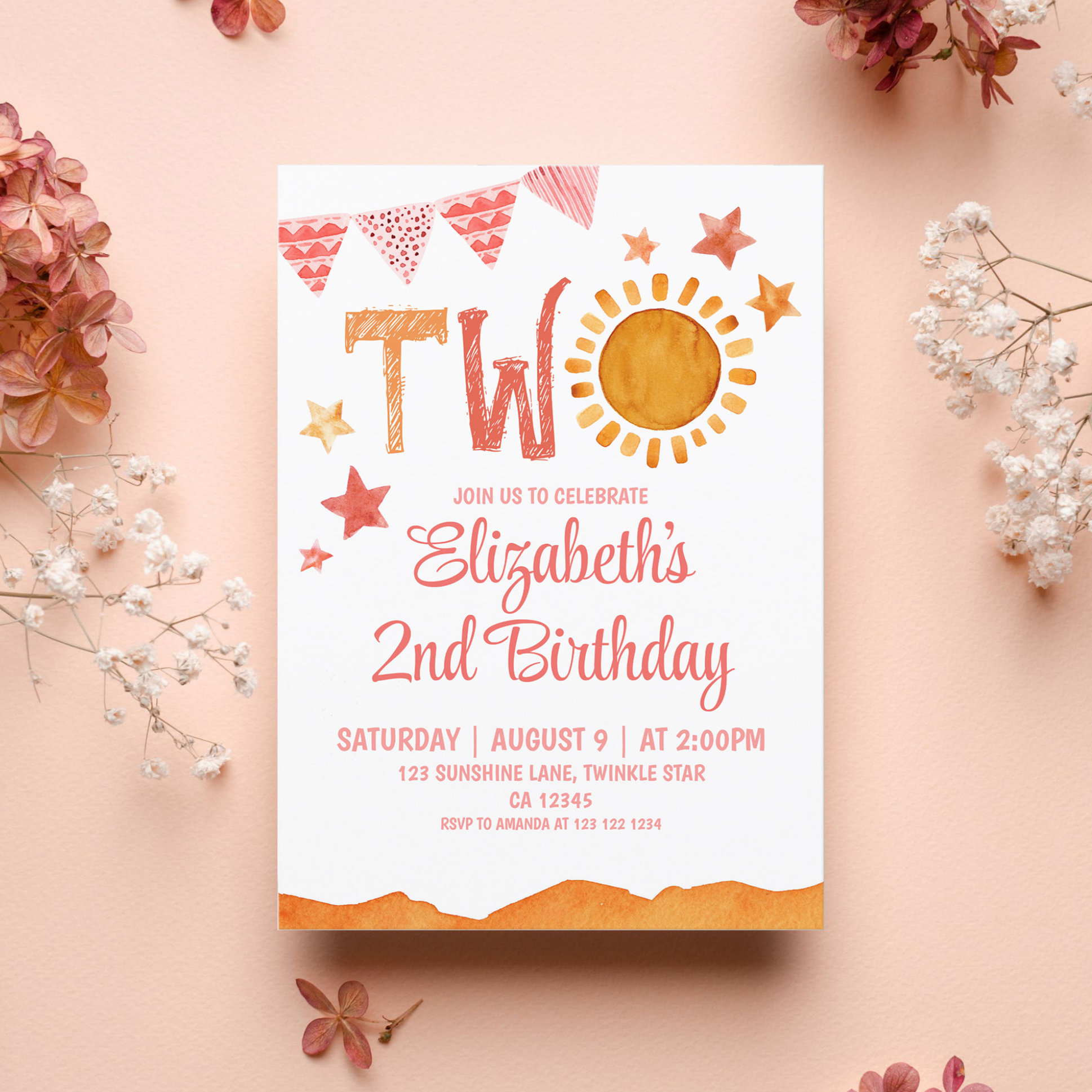 Two Sunshine 2nd Birthday Invitation