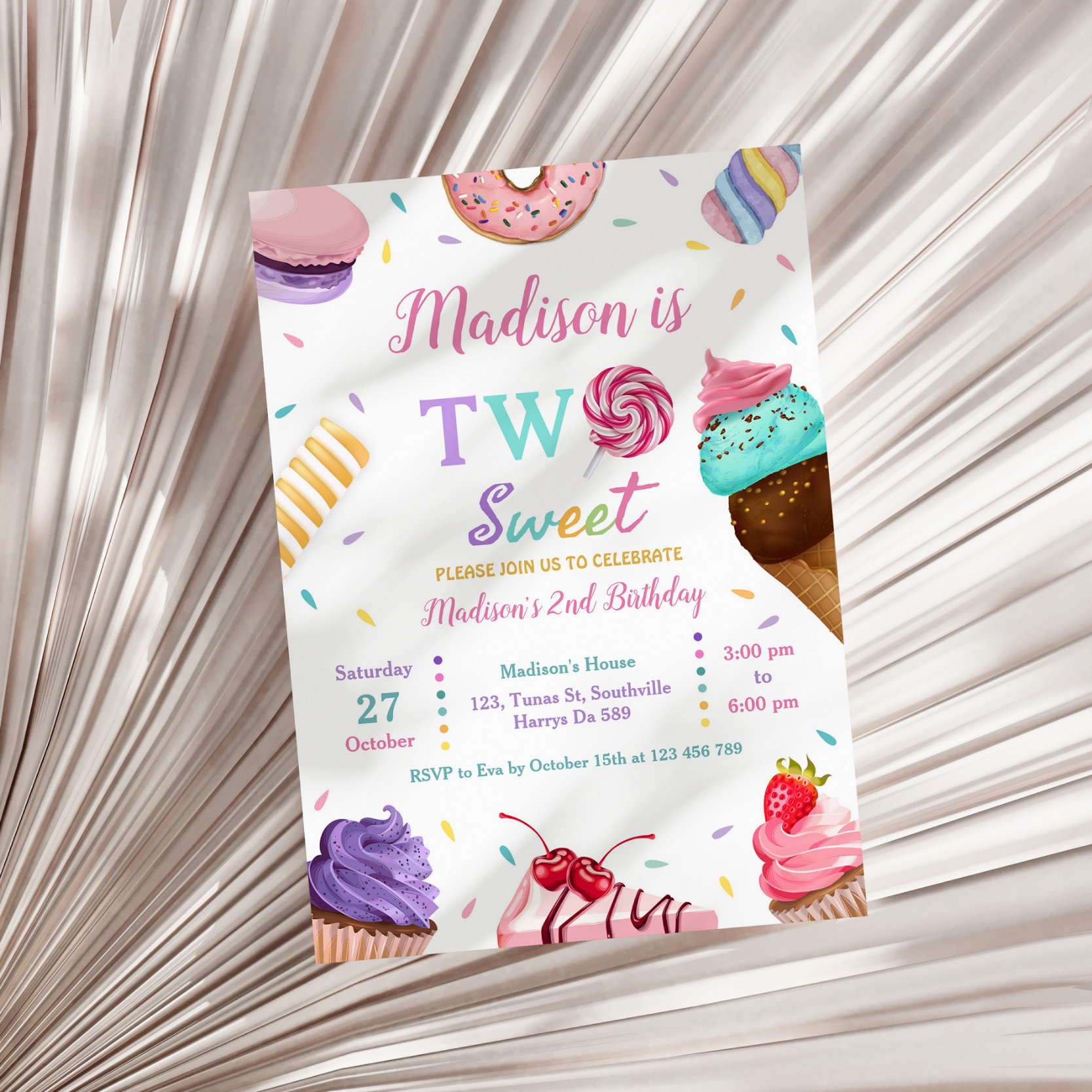 Two Sweet 2nd Birthday Ice cream, Donuts Party Invitation