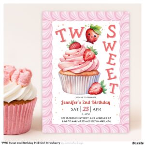 TWO Sweet 2nd Birthday Pink Girl Strawberry Invitation