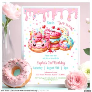 Two Sweet Cute Donut Pink Girl 2nd Birthday Invitation