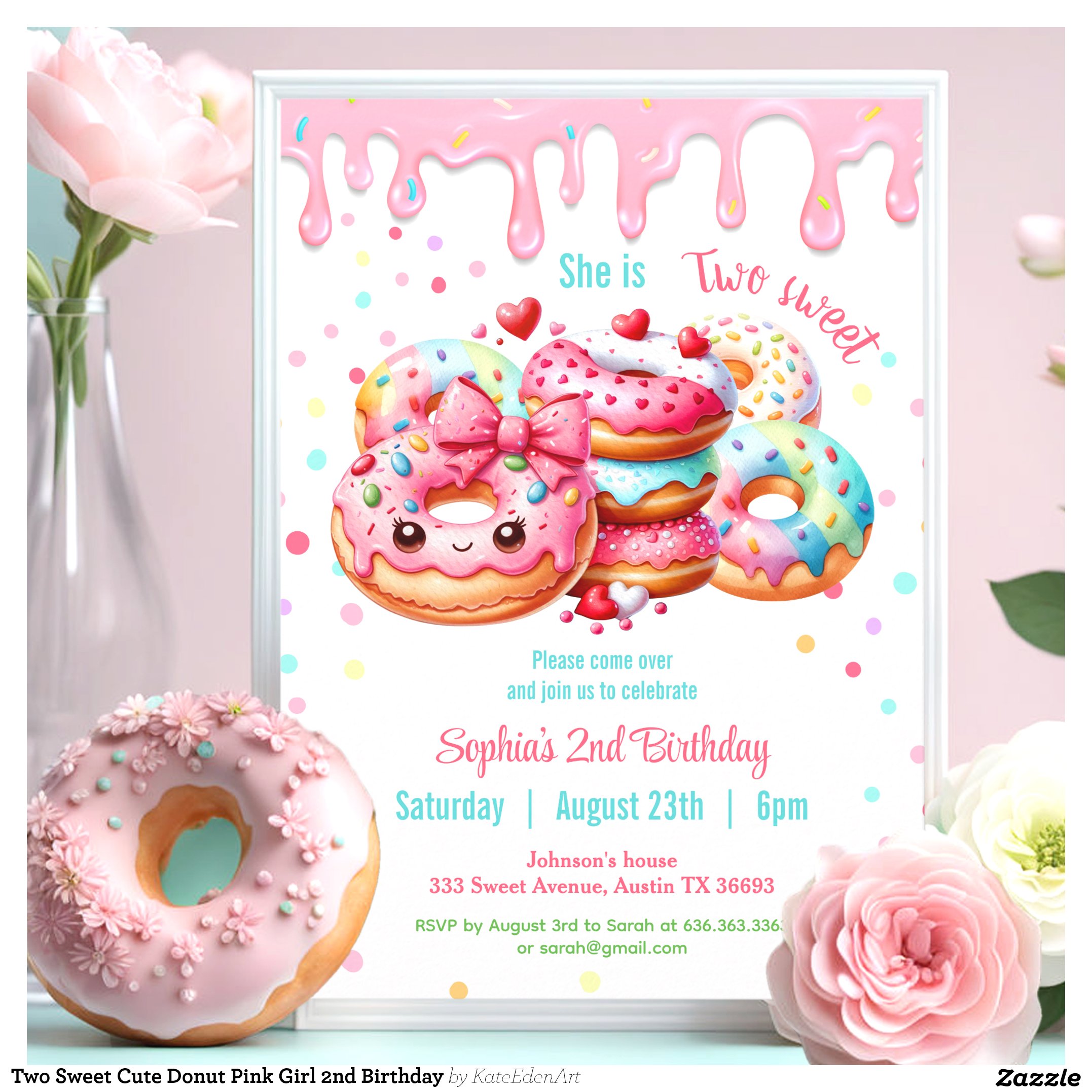 Two Sweet Cute Donut Pink Girl 2nd Birthday Invitation