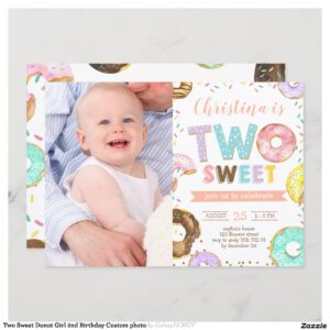 Two Sweet Donut Girl 2nd Birthday Custom photo Invitation