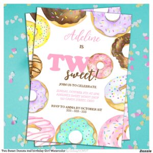 Two Sweet Donuts 2nd birthday Girl Watercolor Invitation