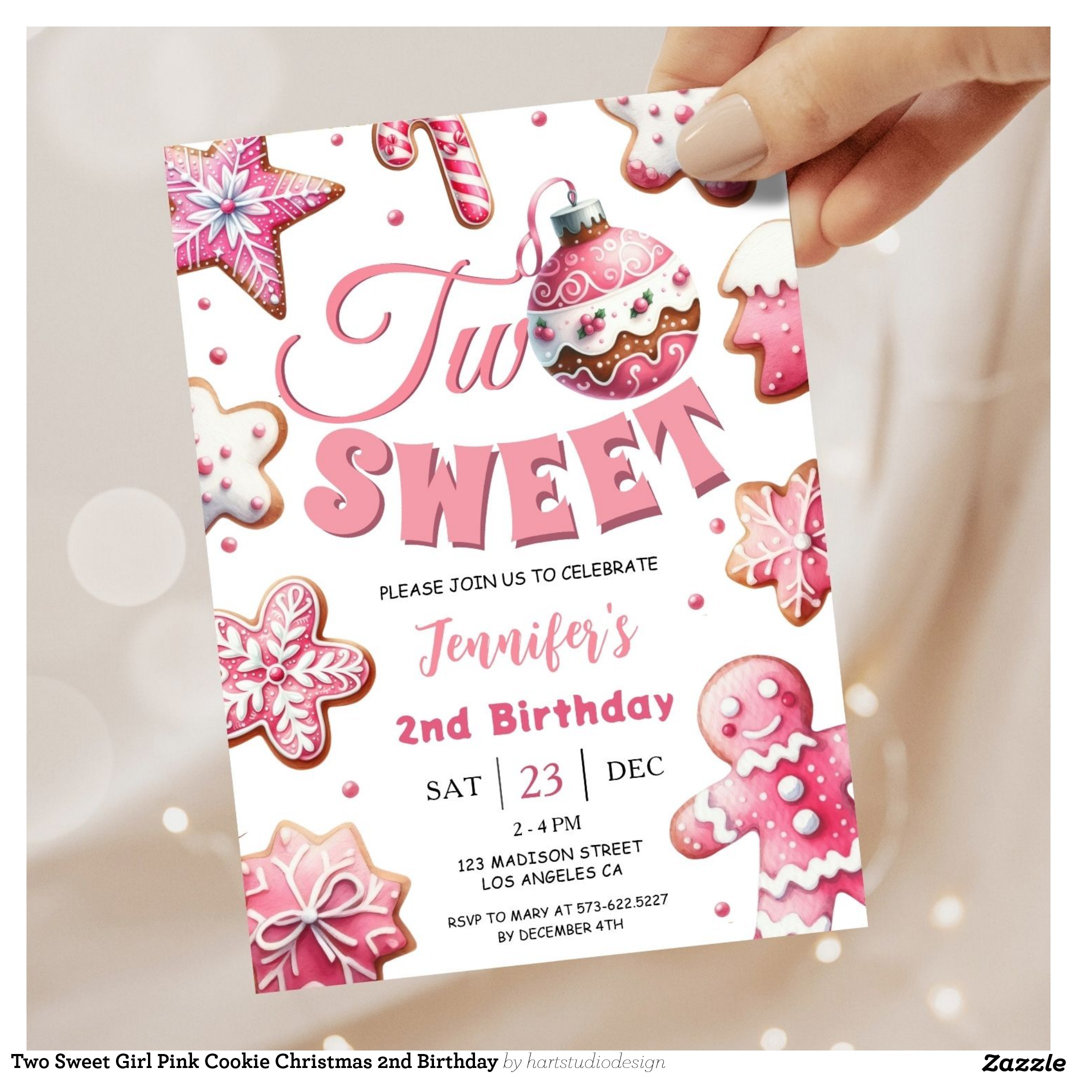 Two Sweet Girl Pink Cookie Christmas 2nd Birthday Invitation