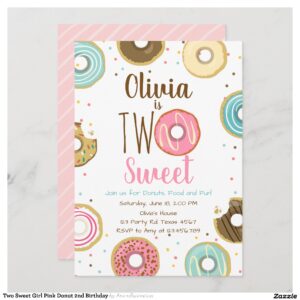 Two Sweet Girl Pink Donut 2nd Birthday Invitation