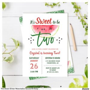 Two Sweet Glitter Watermelon Second Birthday Invitation