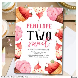 Two Sweet Ice Cream 2nd Birthday Party Invitation