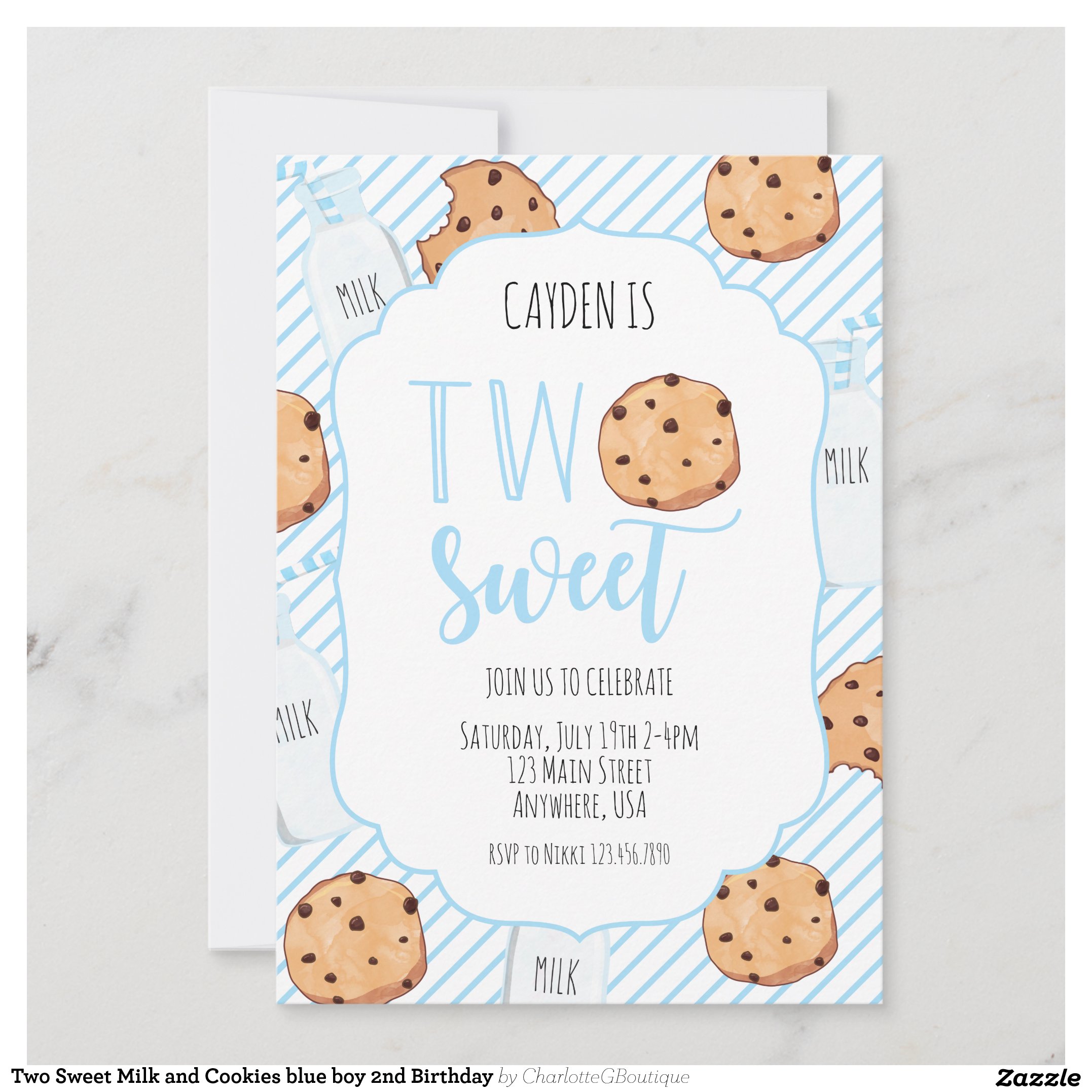 Two Sweet Milk and Cookies blue boy 2nd Birthday Invitation