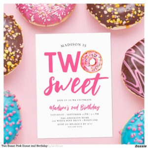 Two Sweet Pink Donut 2nd Birthday Invitation