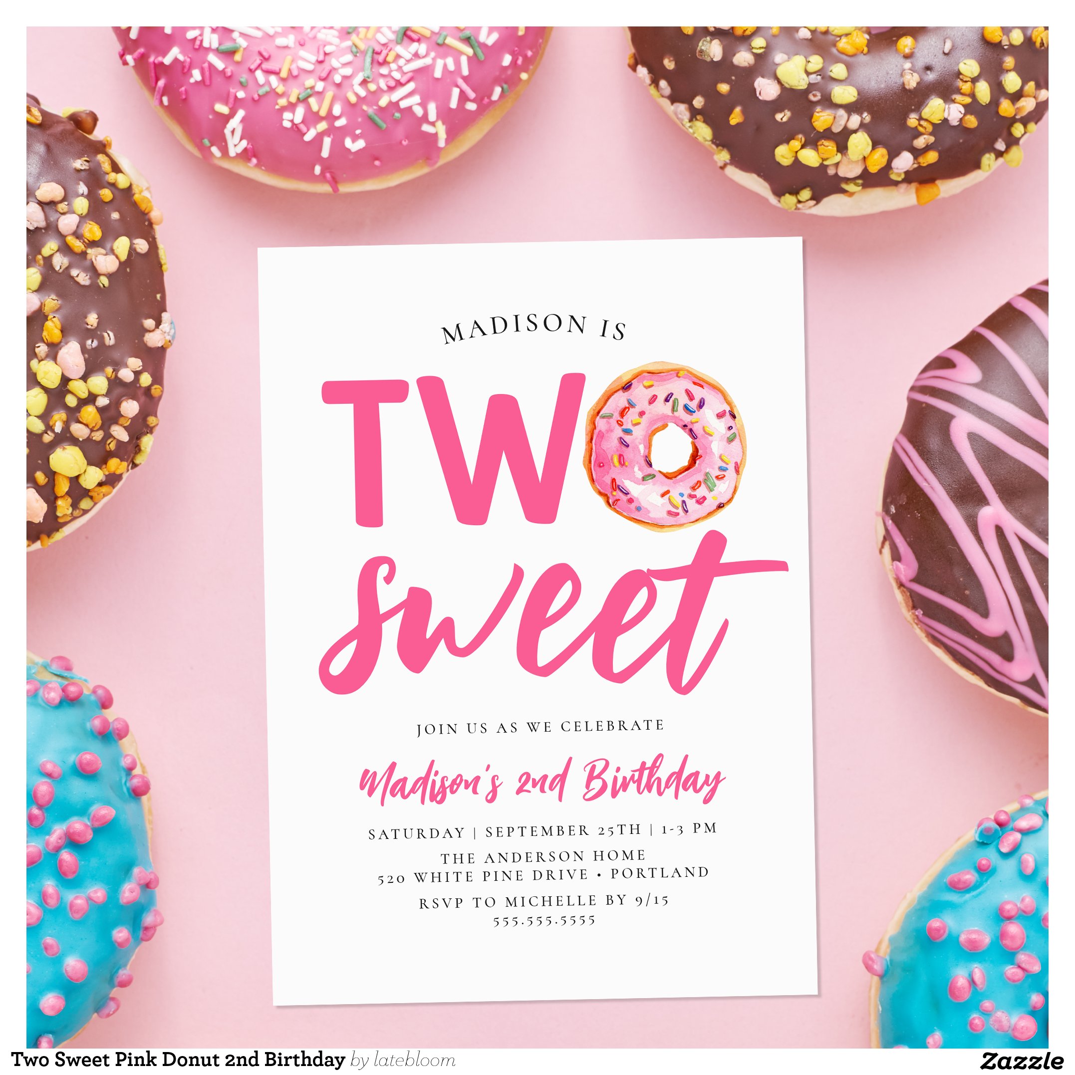 Two Sweet Pink Donut 2nd Birthday Invitation