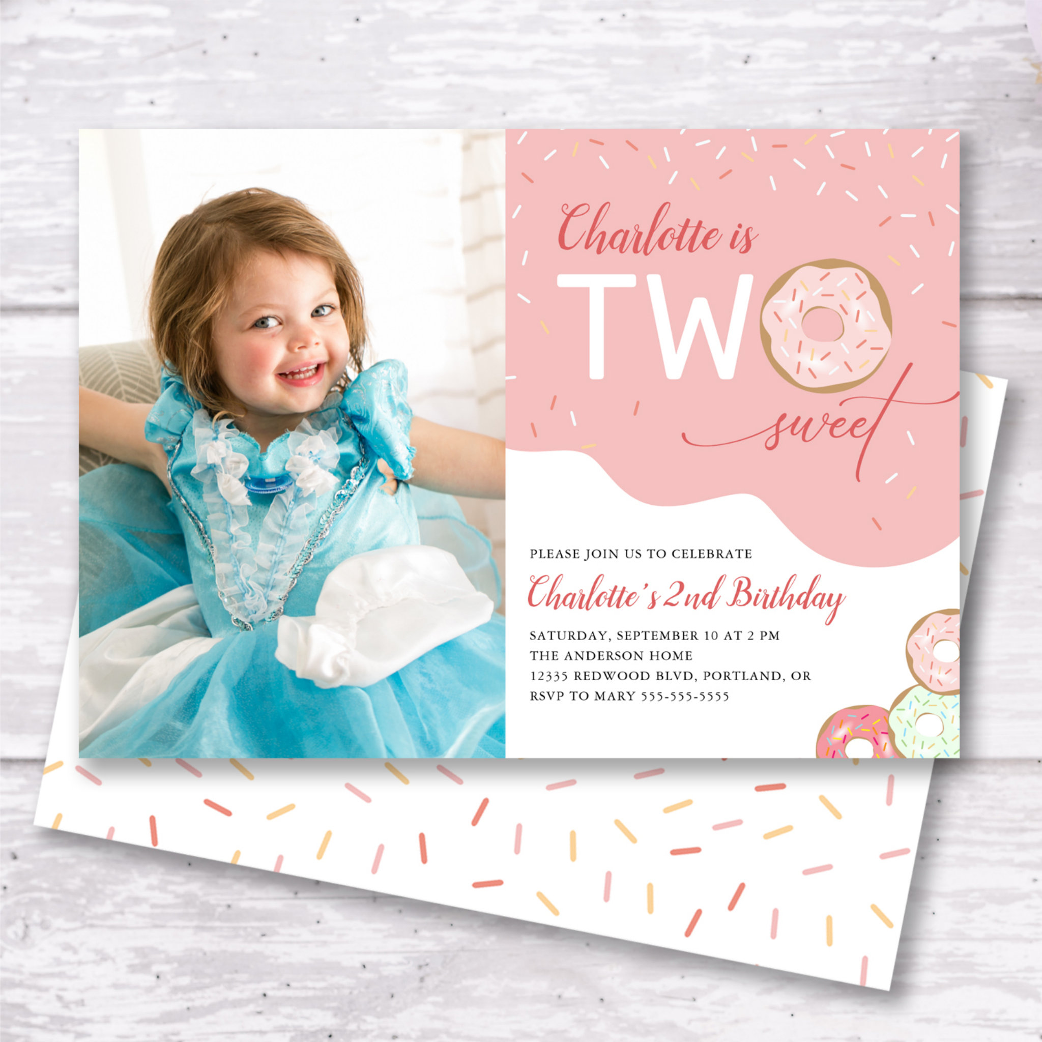 Two Sweet Pink Girl 2nd Birthday Photo Invitation