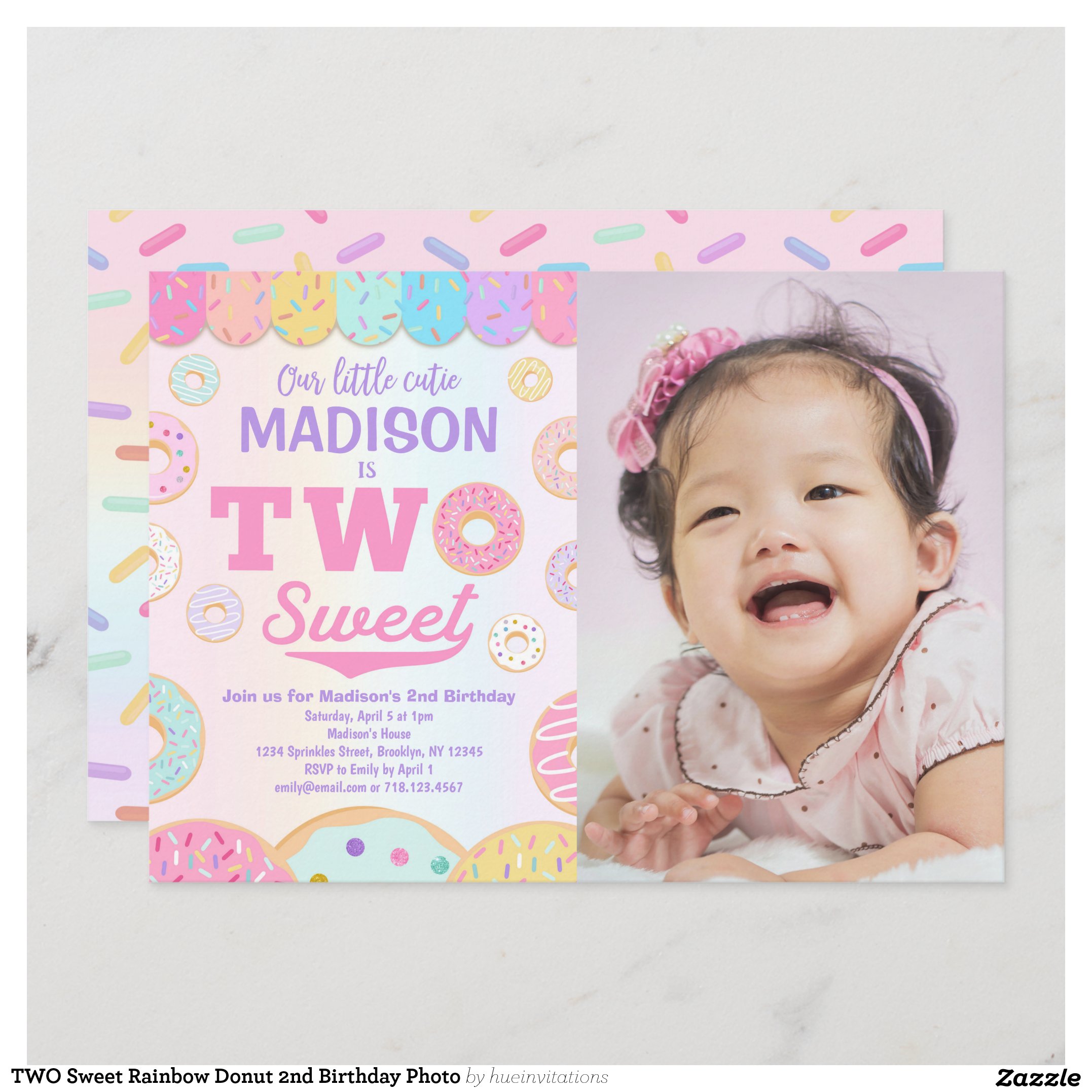 TWO Sweet Rainbow Donut 2nd Birthday Photo Invitation