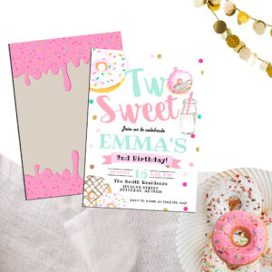 Two Sweet Watercolor Donut 2nd Birthday Invitation