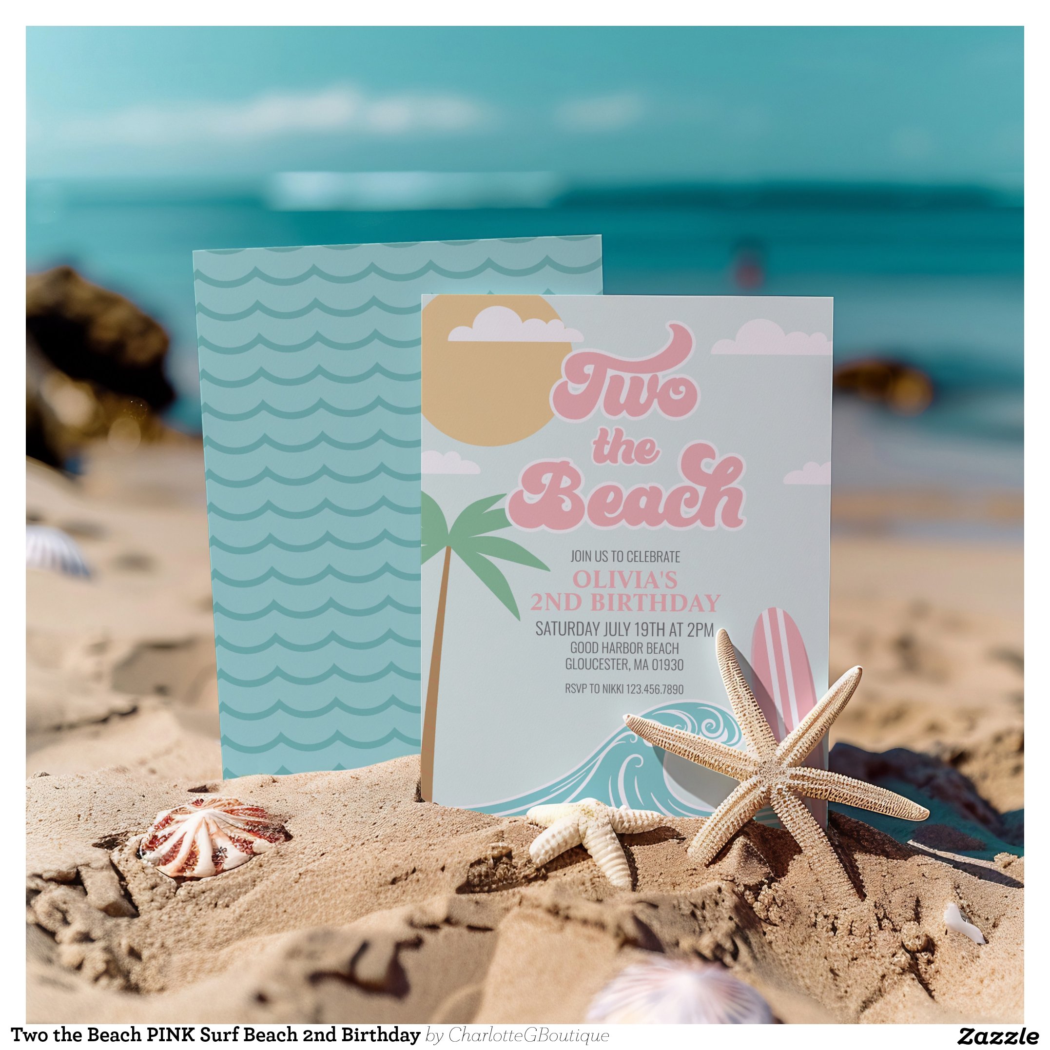 Two the Beach PINK Surf Beach 2nd Birthday Invitation