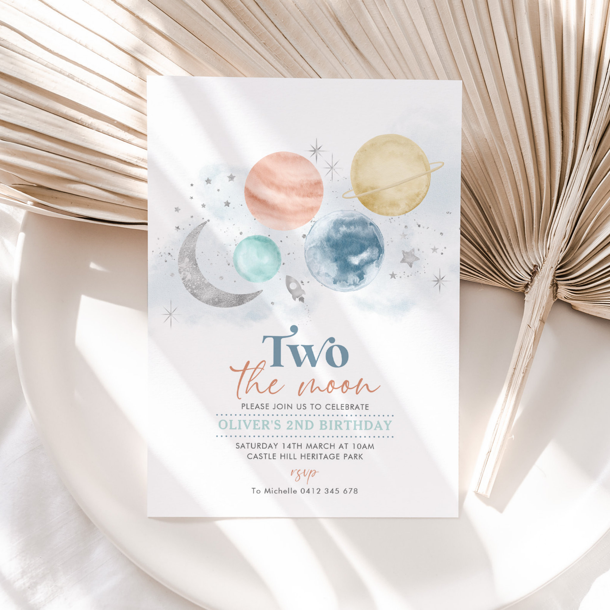 Two The Moon 2nd Birthday Invitation Boy Silver