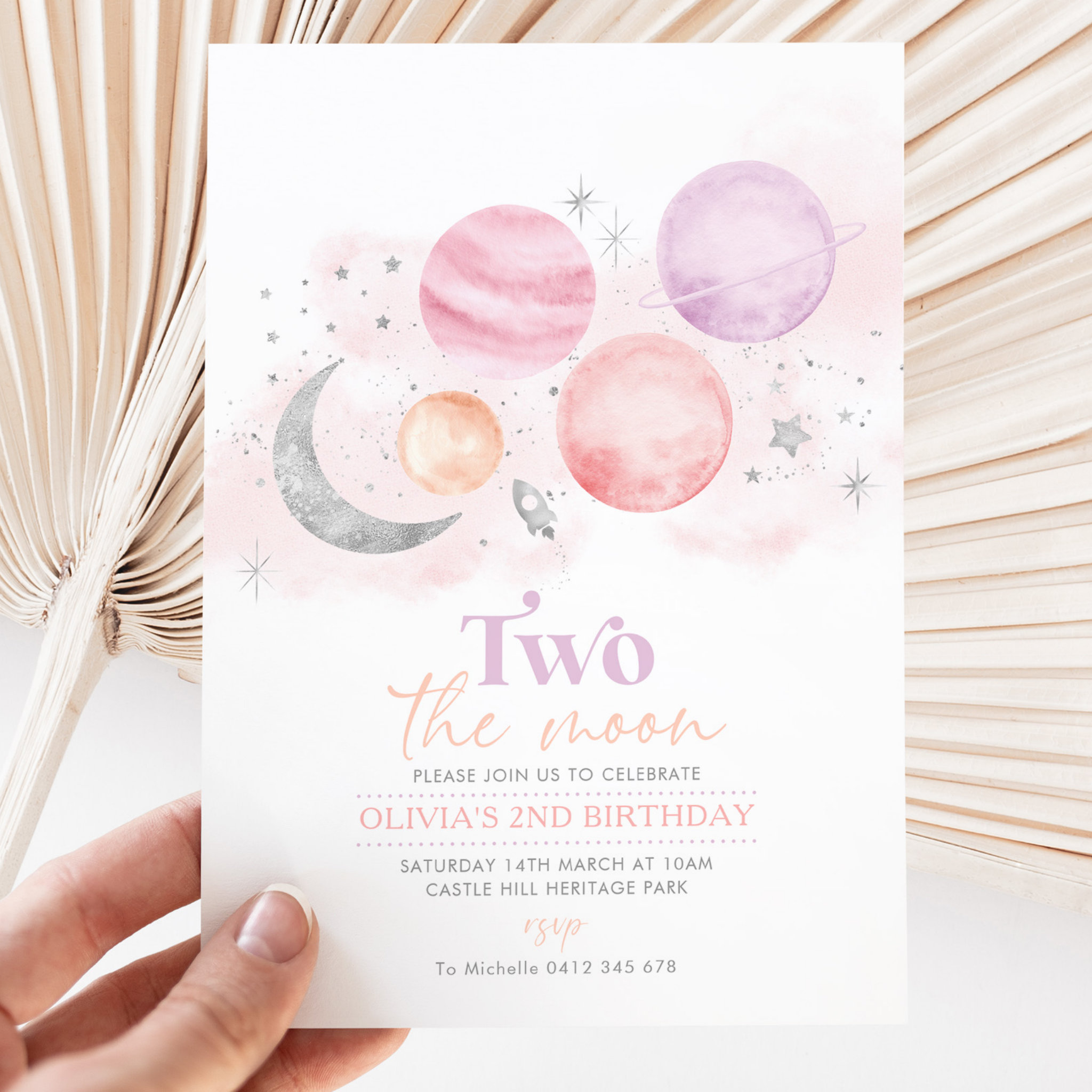 Two The Moon 2nd Birthday Invitation Girl Silver