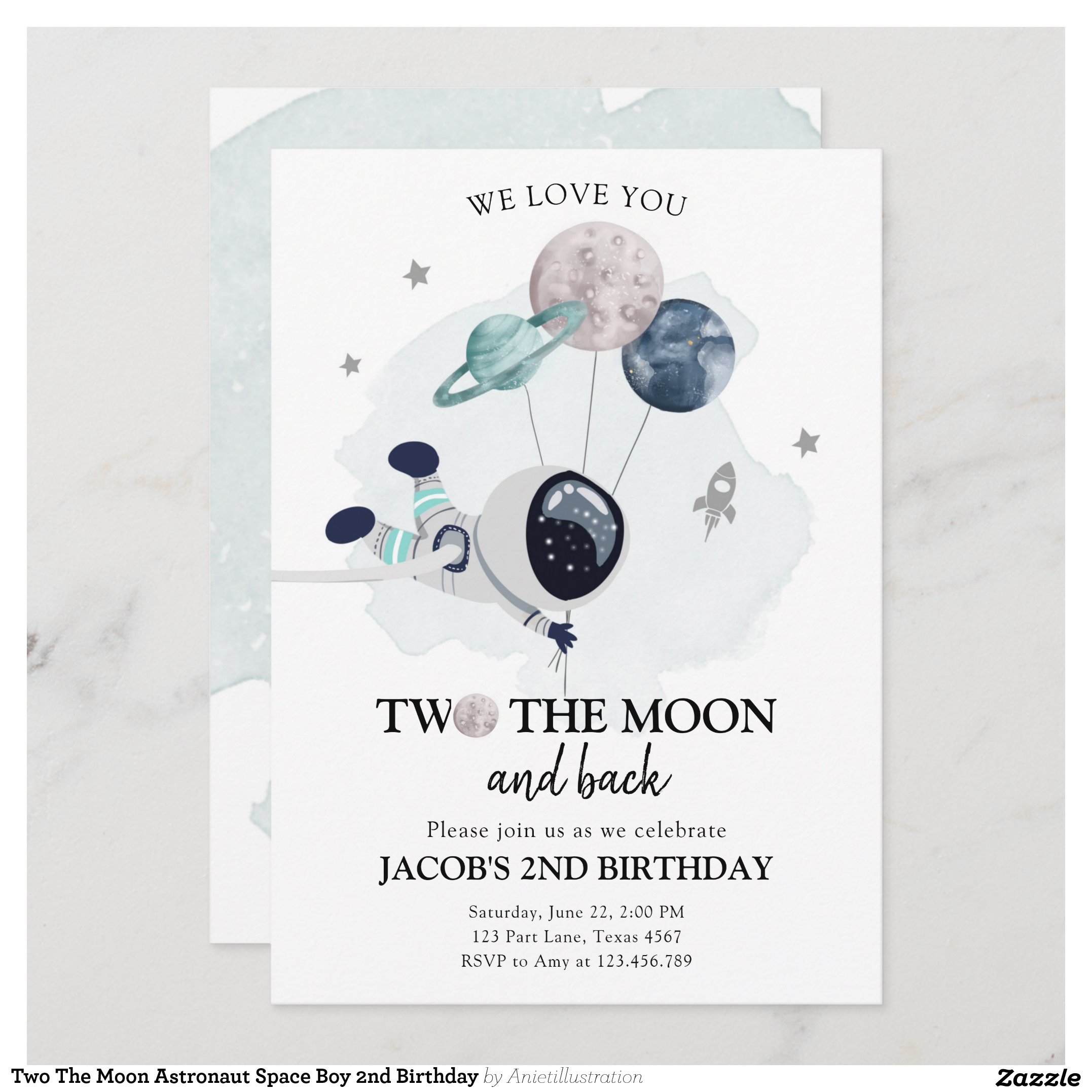 Two The Moon Astronaut Space Boy 2nd Birthday Invitation