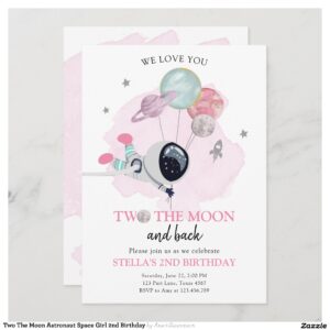 Two The Moon Astronaut Space Girl 2nd Birthday Invitation