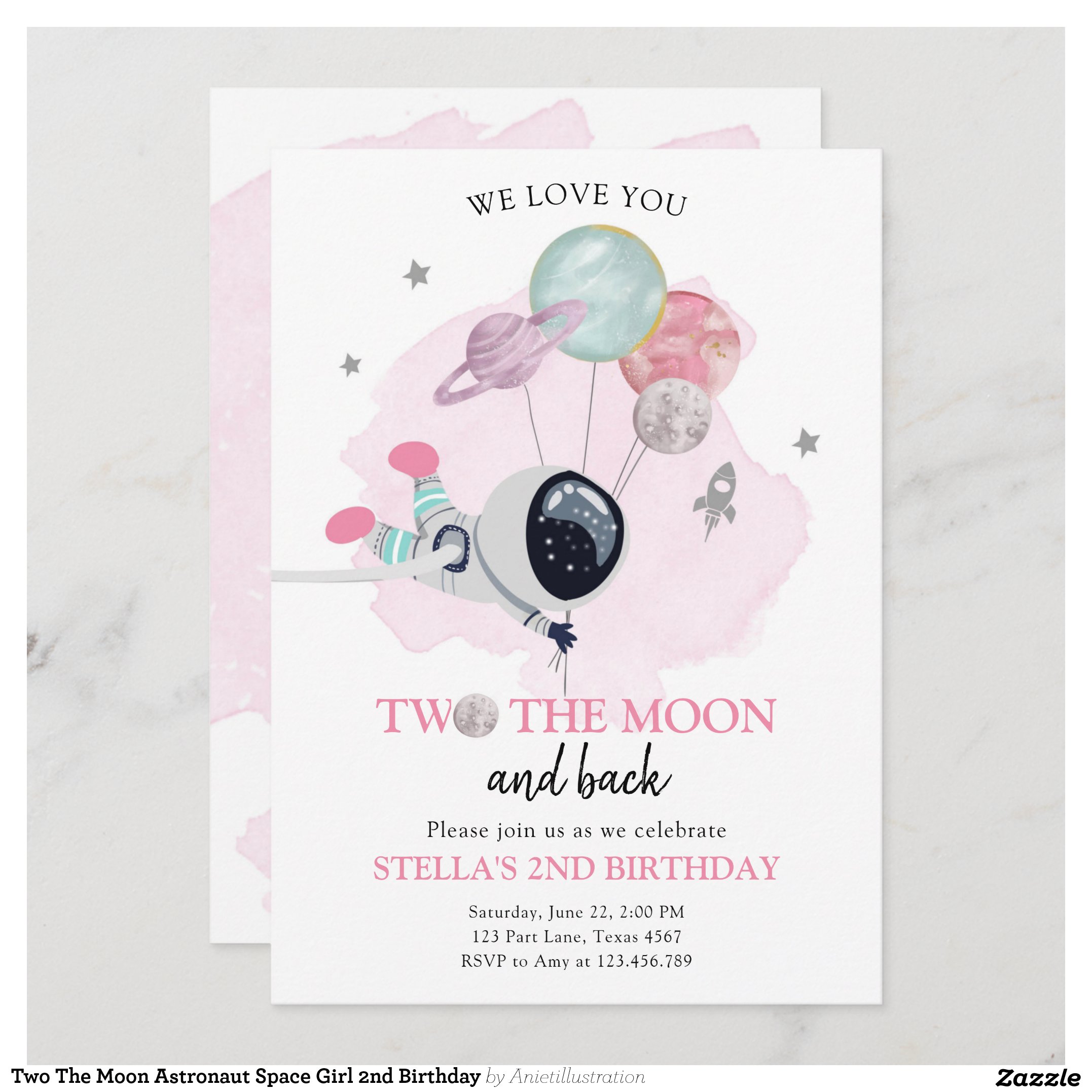 Two The Moon Astronaut Space Girl 2nd Birthday Invitation