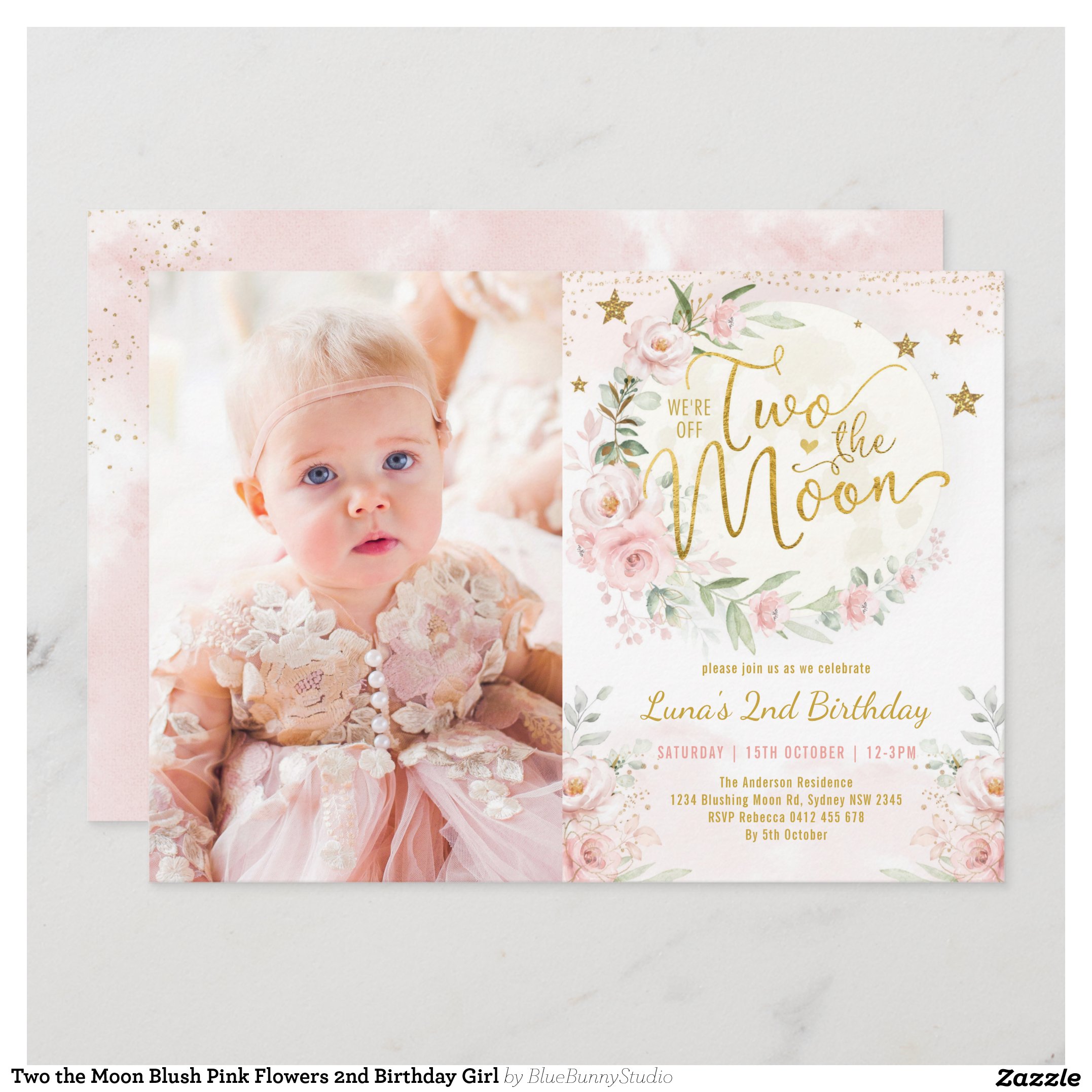 Two the Moon Blush Pink Flowers 2nd Birthday Girl Invitation