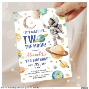 Two The Moon! Boy Astronaut Space 2nd Birthday Invitation