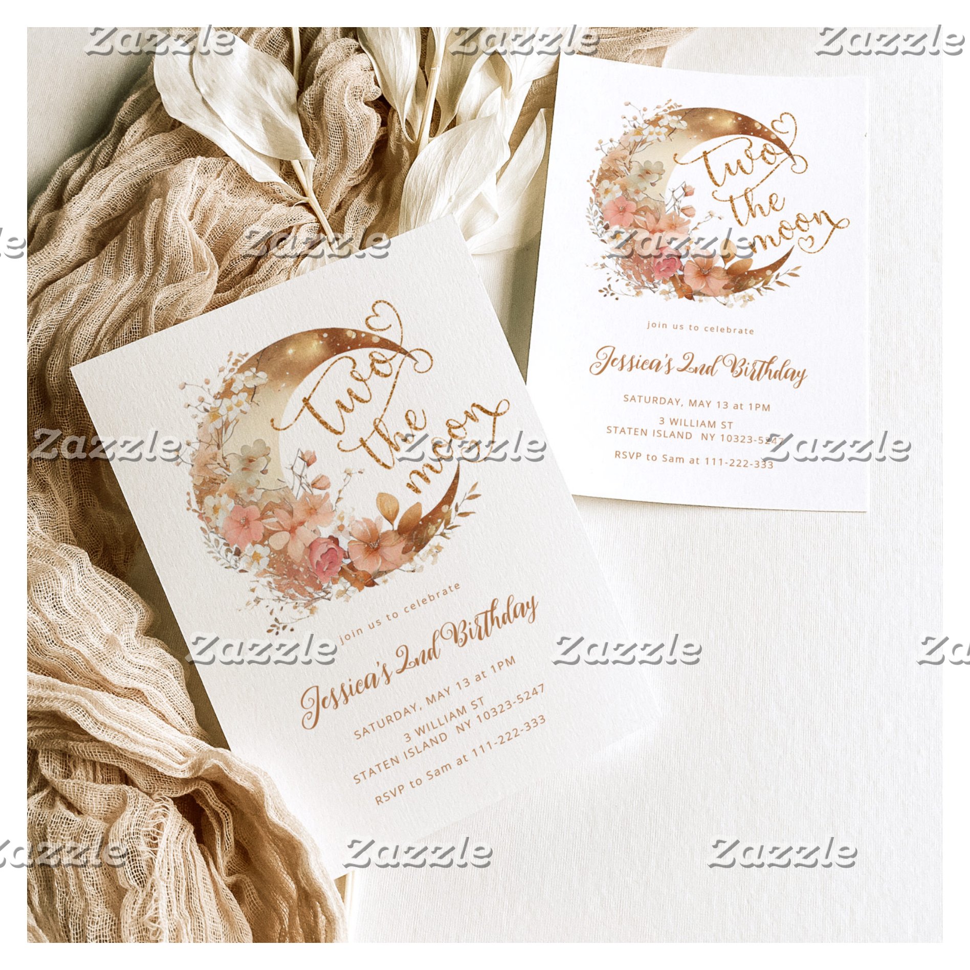 Two the moon gold pink girl 2nd birthday invitation