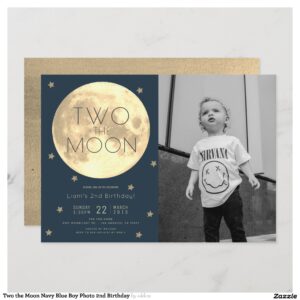 Two the Moon Navy Blue Boy Photo 2nd Birthday Invitation