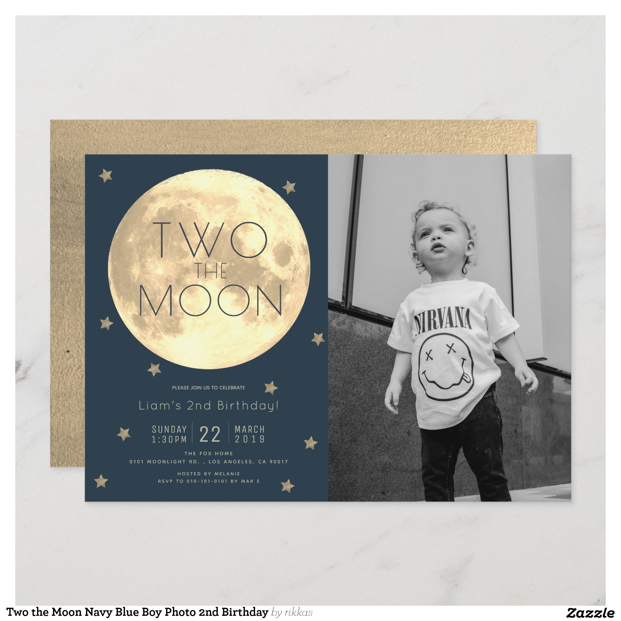 Two the Moon Navy Blue Boy Photo 2nd Birthday Invitation