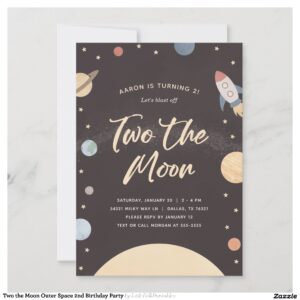 Two the Moon Outer Space 2nd Birthday Party Invitation