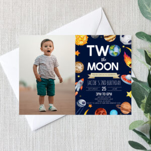 Two The Moon Outer Space Blue 2nd Birthday Party Invitation