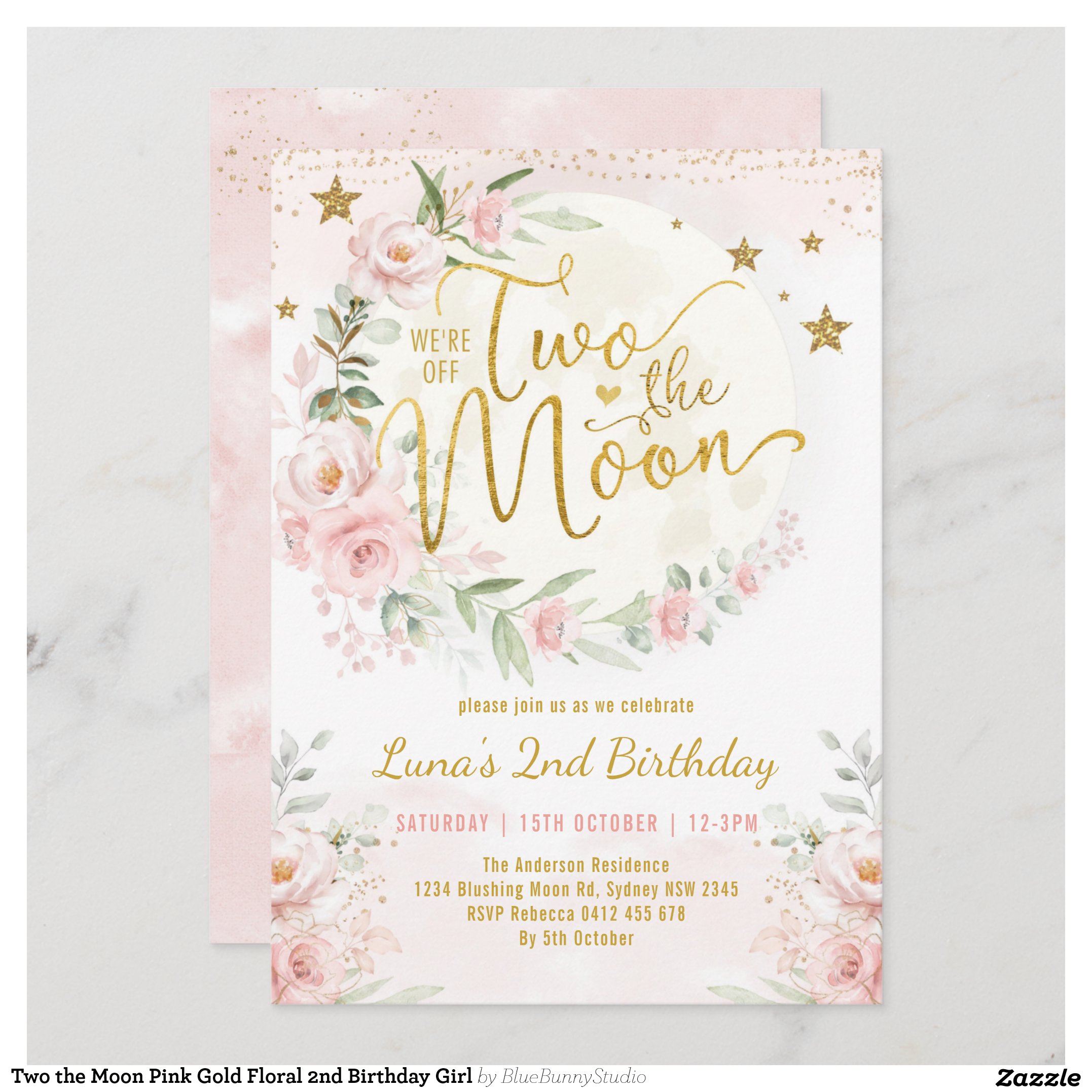 Two the Moon Pink Gold Floral 2nd Birthday Girl Invitation