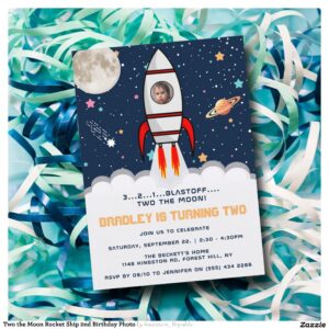 Two the Moon Rocket Ship 2nd Birthday Photo Invitation