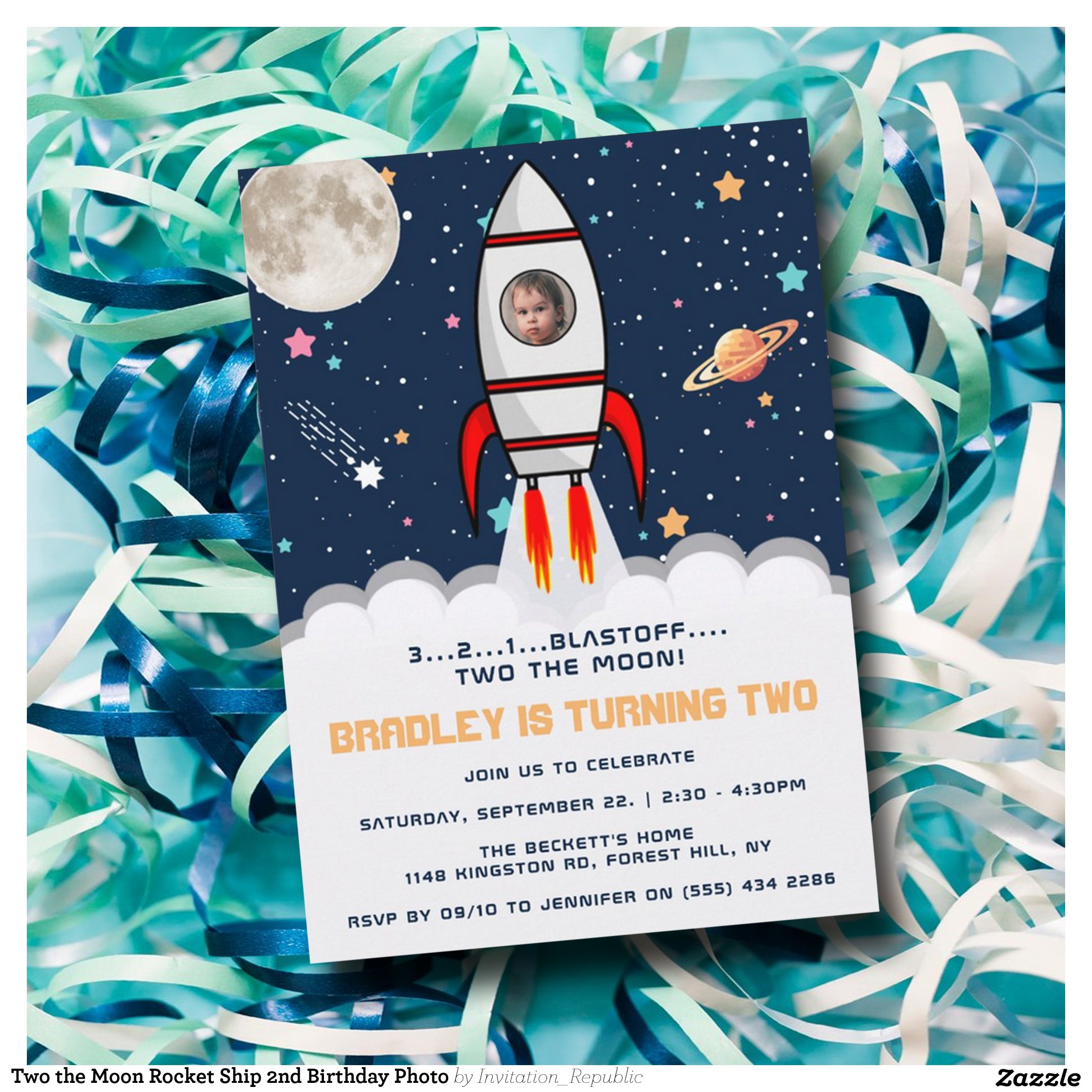 Two the Moon Rocket Ship 2nd Birthday Photo Invitation