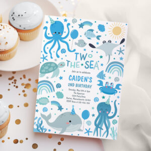 Two The Sea Cute Sea Creatures 2nd Birthday Party Invitation