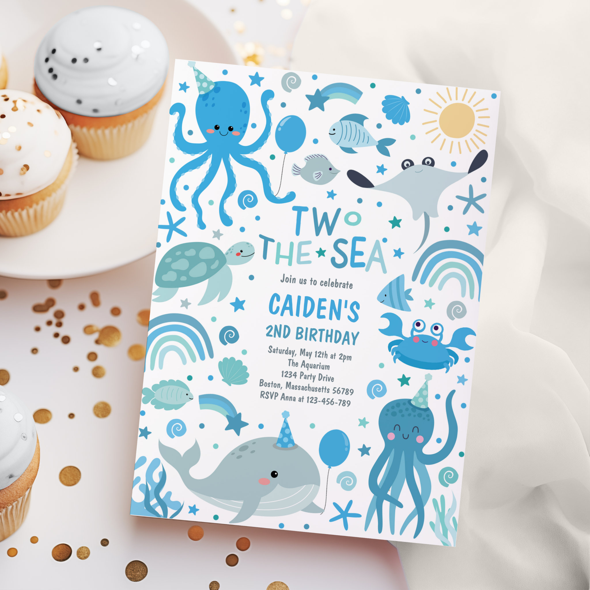 Two The Sea Cute Sea Creatures 2nd Birthday Party Invitation
