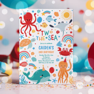 Two The Sea Cute Sea Creatures 2nd Birthday Party Invitation