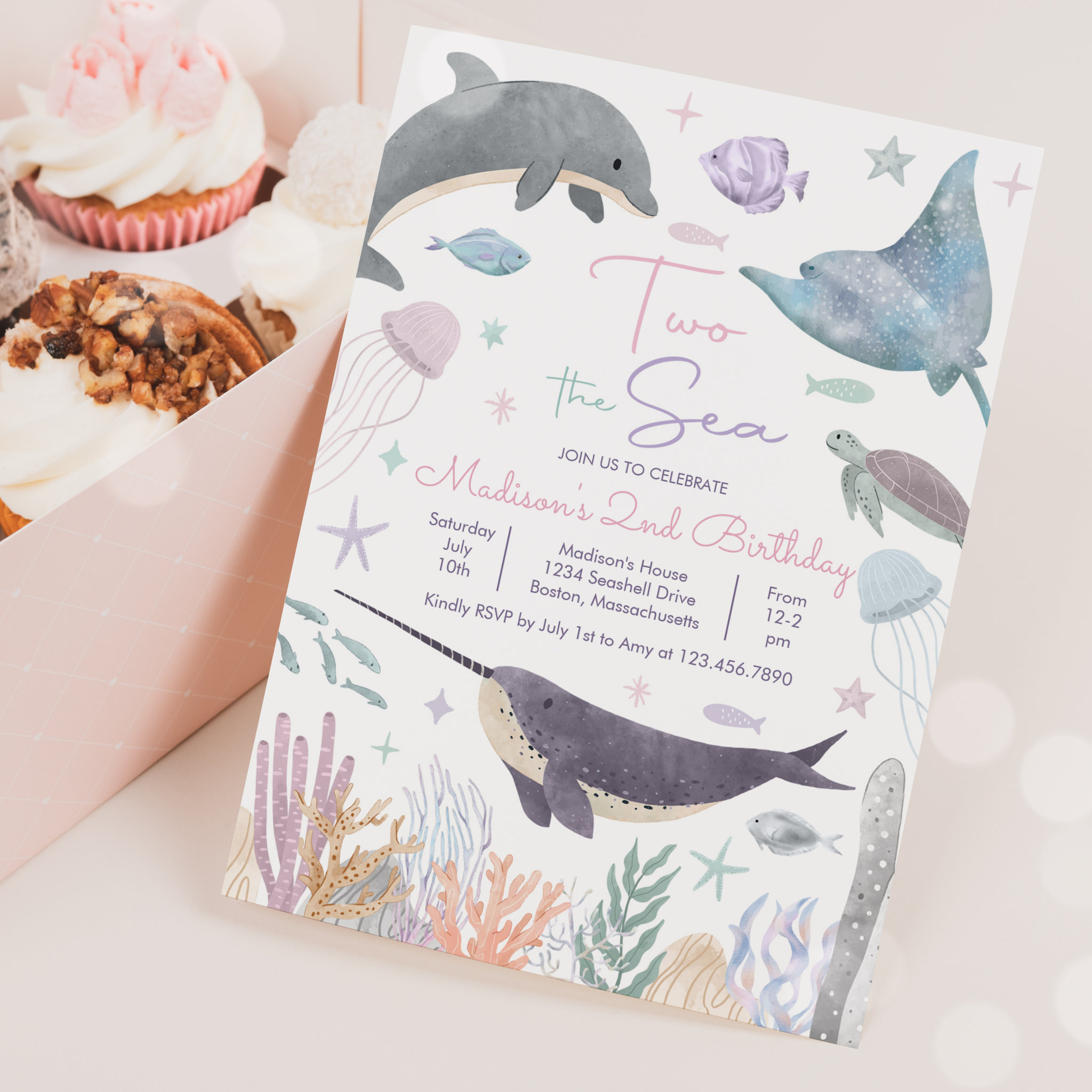 Two The Sea Dolphin Narwhal Sea Life 2nd Birthday Invitation