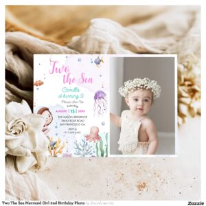 Two The Sea Mermaid Girl 2nd Birthday Photo Invitation