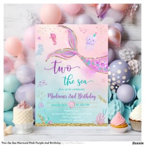 Two the Sea Mermaid Pink Purple 2nd Birthday Invitation