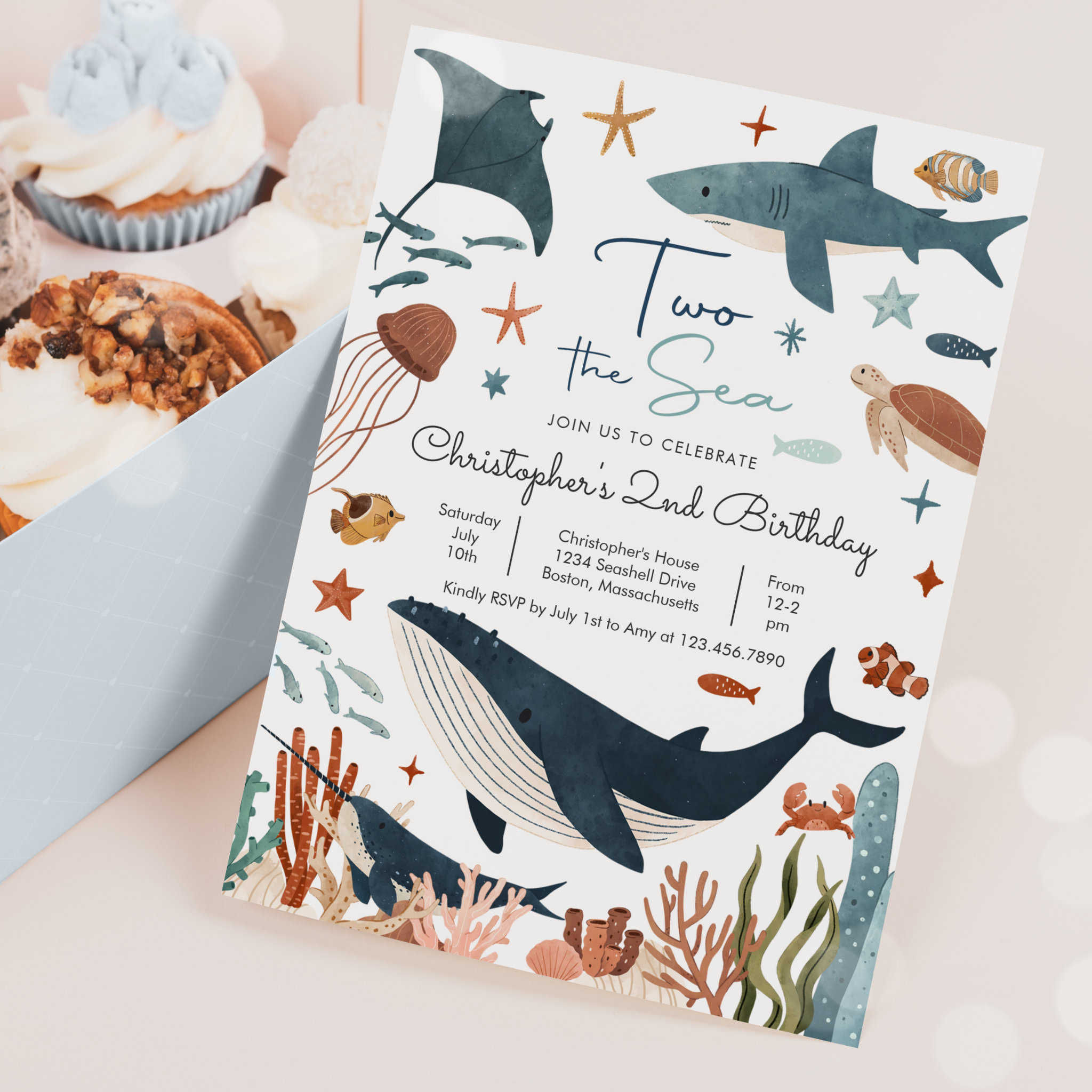 Two the Sea Whale Shark Turtle 2nd Birthday Party Invitation