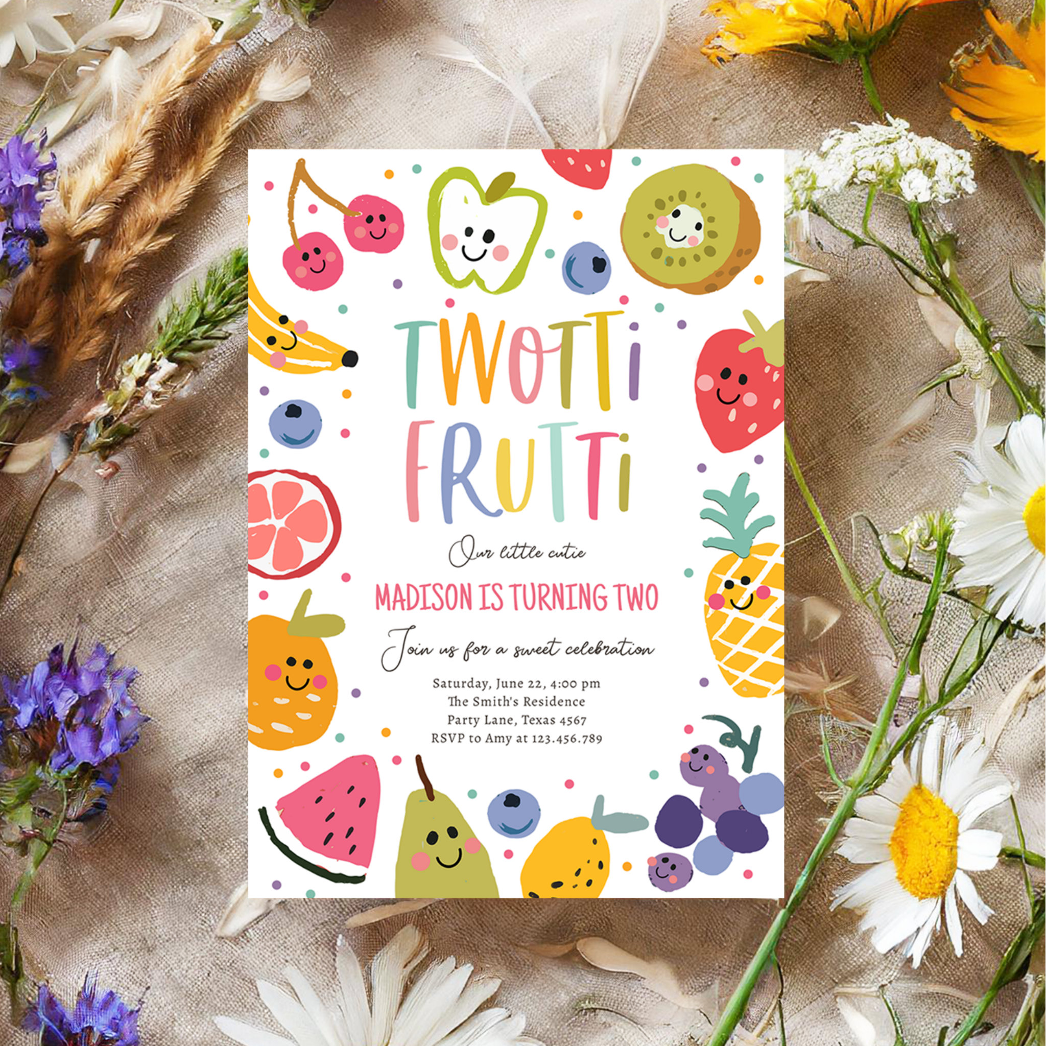 Two-tti Frutti Twotti Fruit Tropical 2nd Birthday Invitation