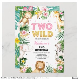 Two Wild 2nd Birthday Party Safari Animals Party Invitation
