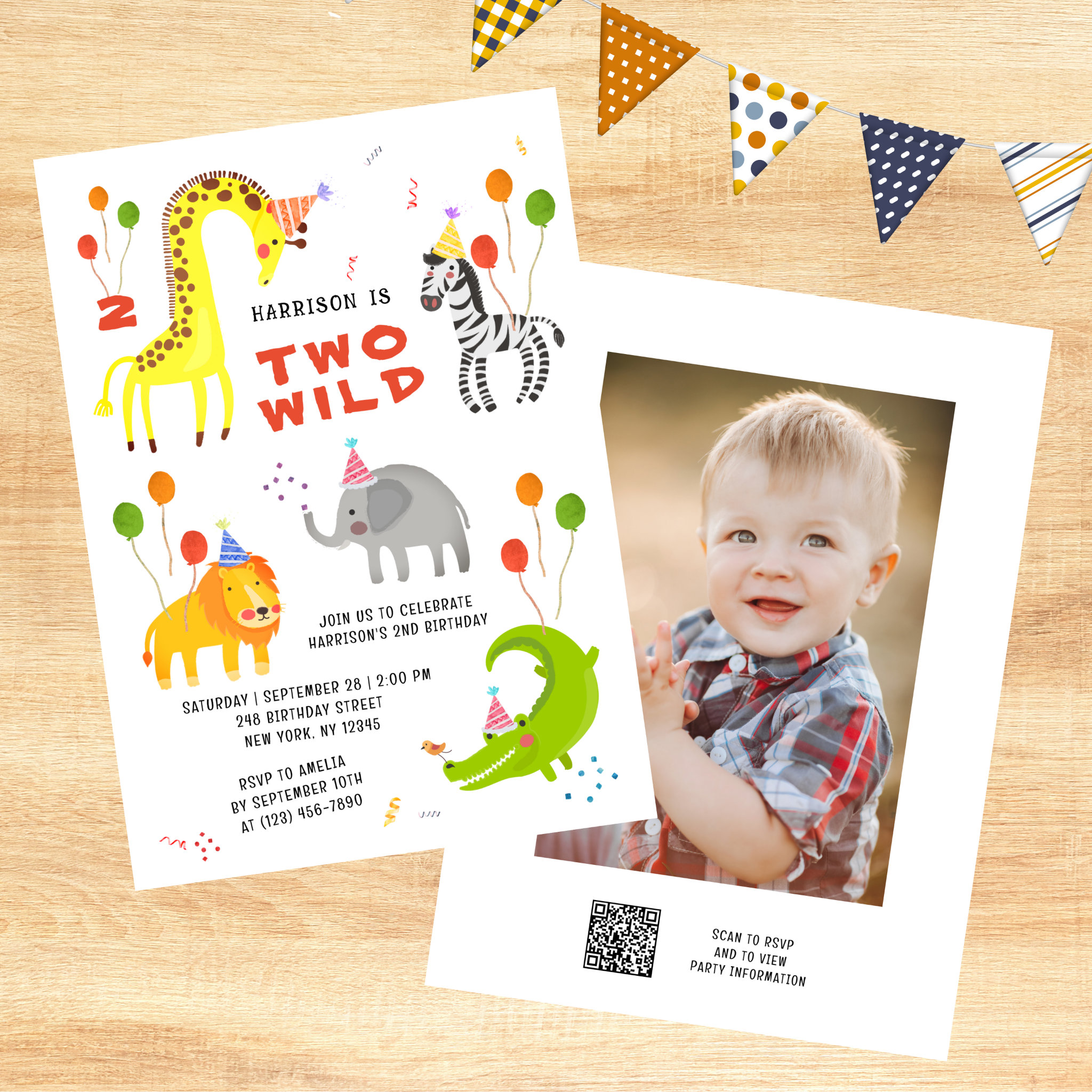 Two Wild 2nd Birthday Safari Animals Cute Photo In Invitation