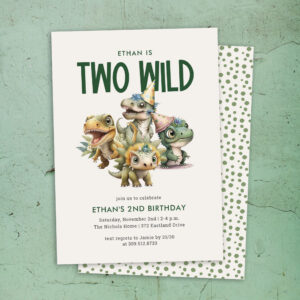 Two Wild Cute Dinosaur 2nd Birthday Party Invitation