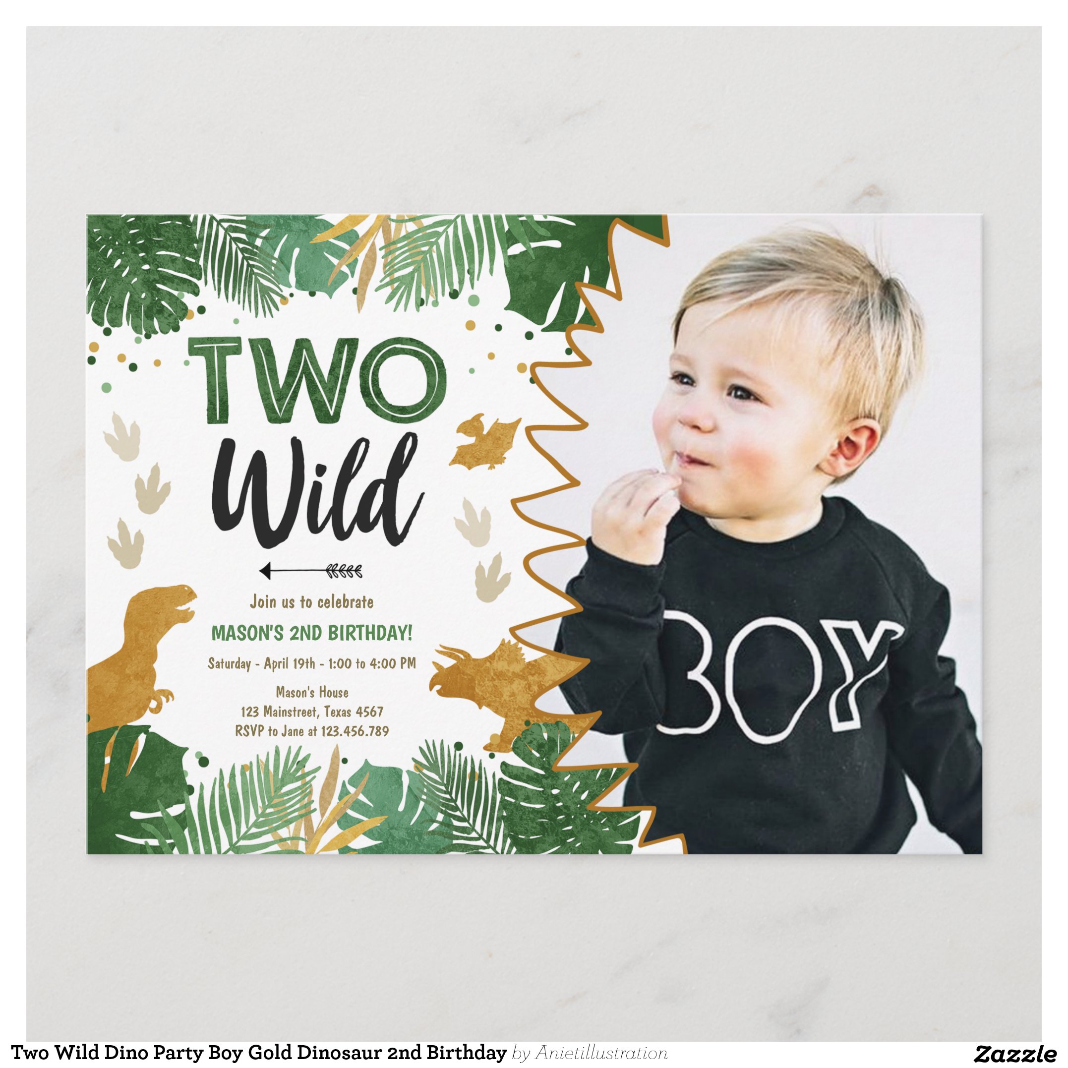 Two Wild Dino Party Boy Gold Dinosaur 2nd Birthday Invitation