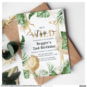Two Wild Jungle Greenery & Gold 2nd Birthday Party Invitation