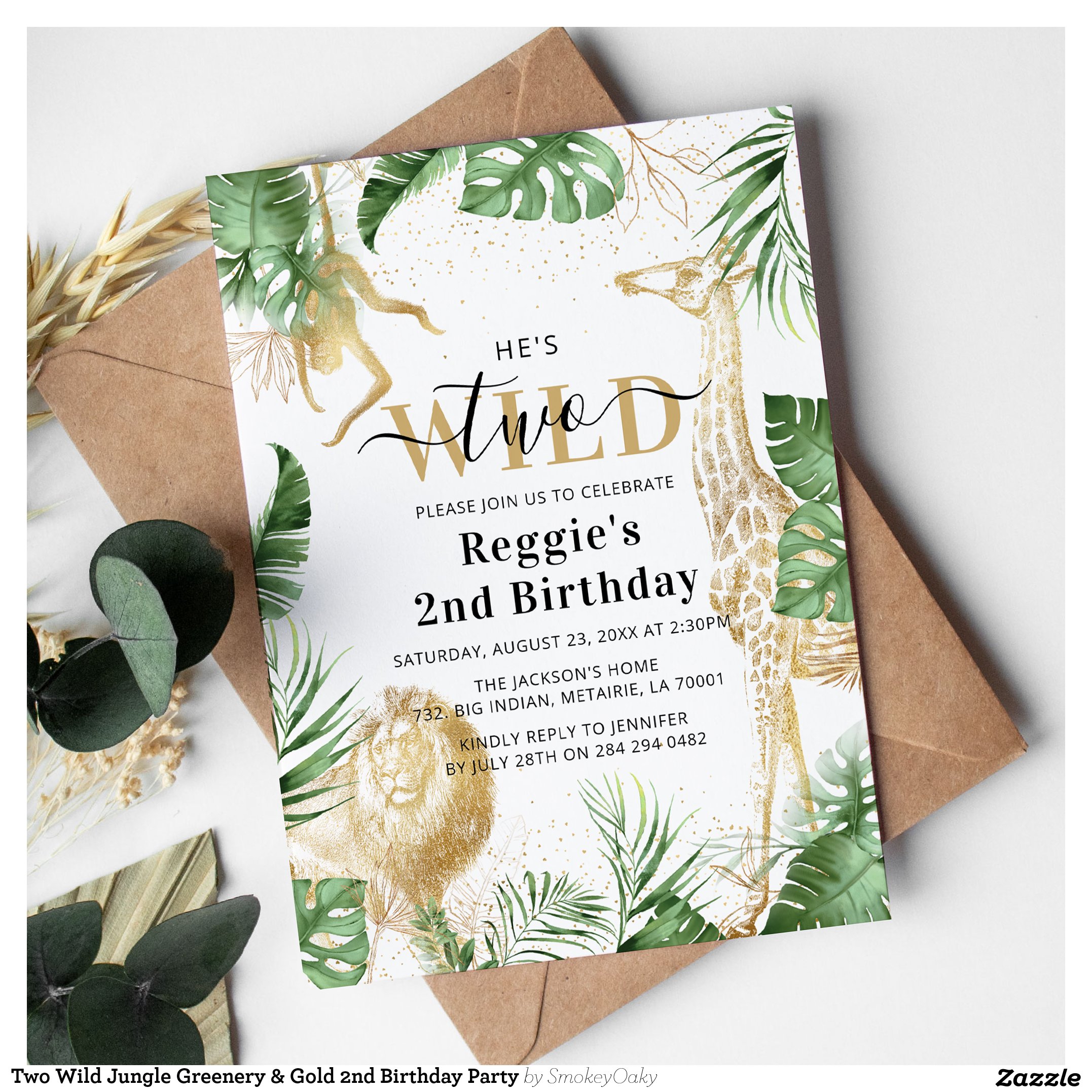 Two Wild Jungle Greenery & Gold 2nd Birthday Party Invitation