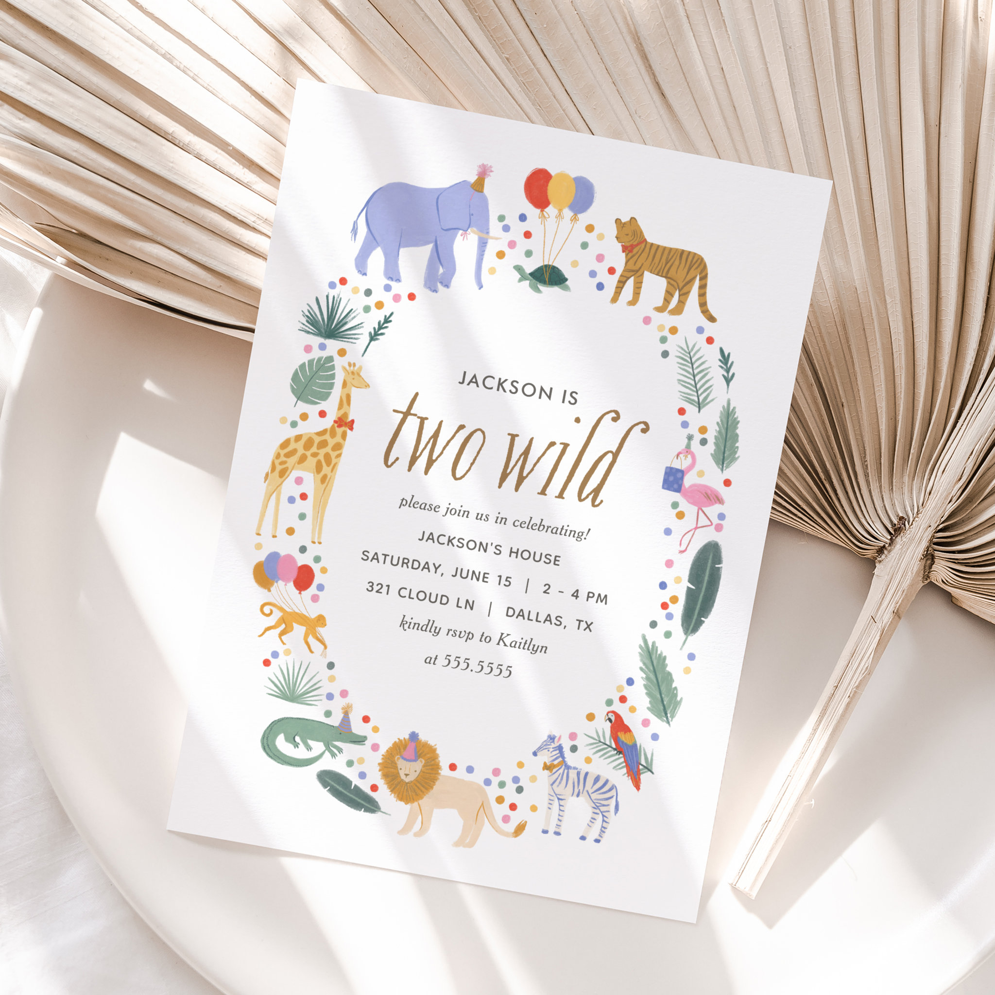 Two Wild Safari Animals Birthday Party Invitation