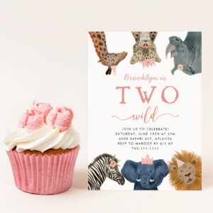 Two Wild Safari Animals Girl's 2nd Birthday Invitation